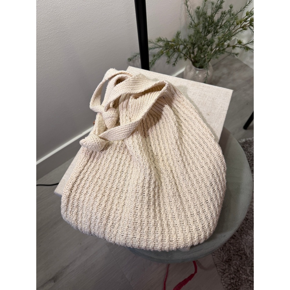 Cream Ribbed Knit Knotted Shoulder Bag Minimalist Coastal‎ Slouchy Hobo Tote med